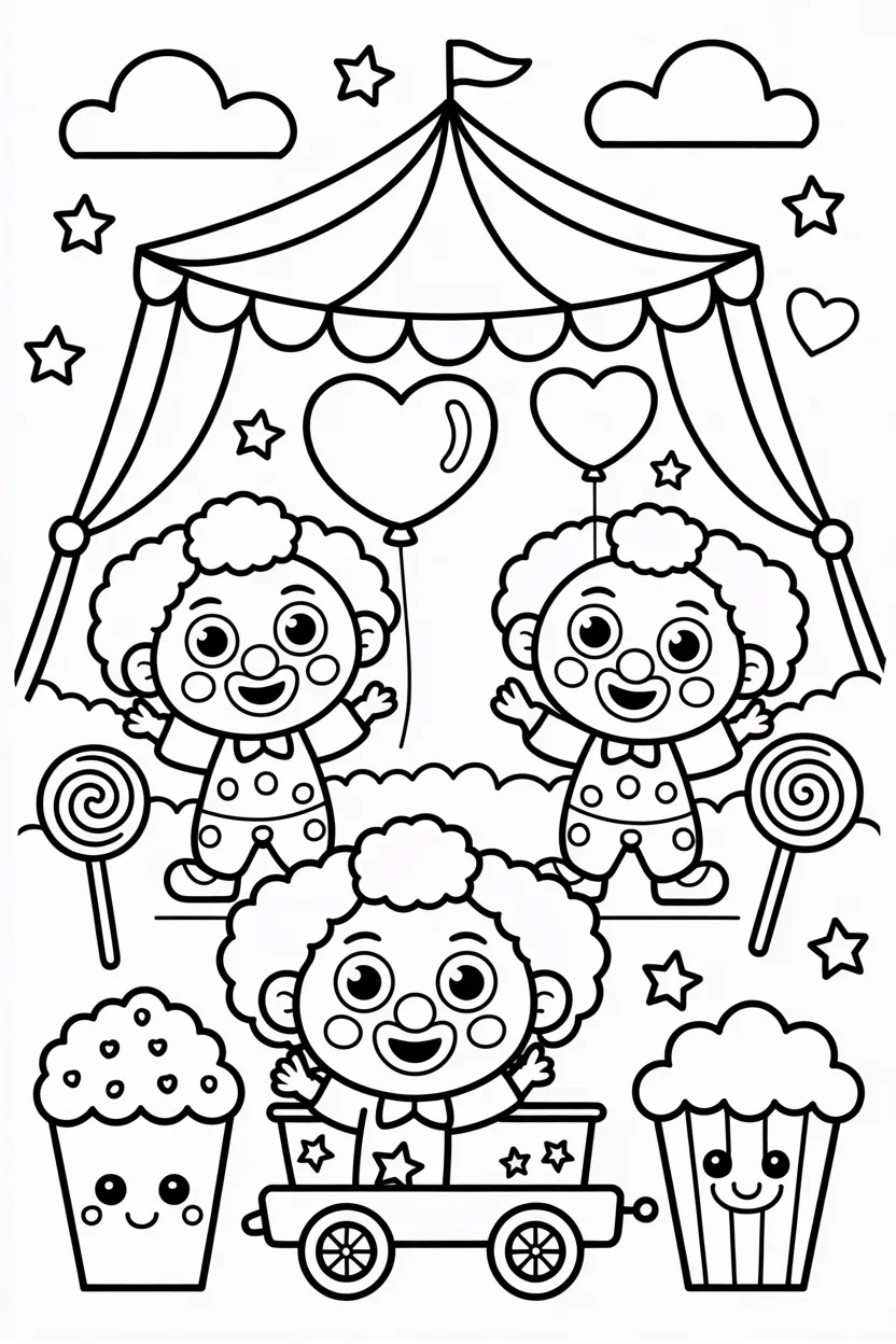 Kawaii circus scene Design 1 - Kawaii Circus Scene Coloring Pages Free Printable - Adorab