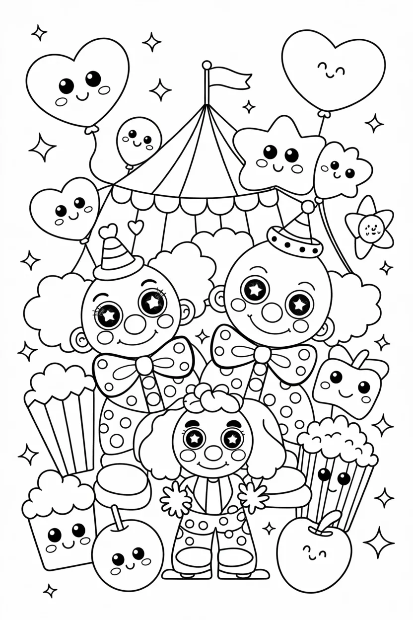 Kawaii circus scene Design 2 - Kawaii Circus Scene Coloring Pages Free Printable - Adorab