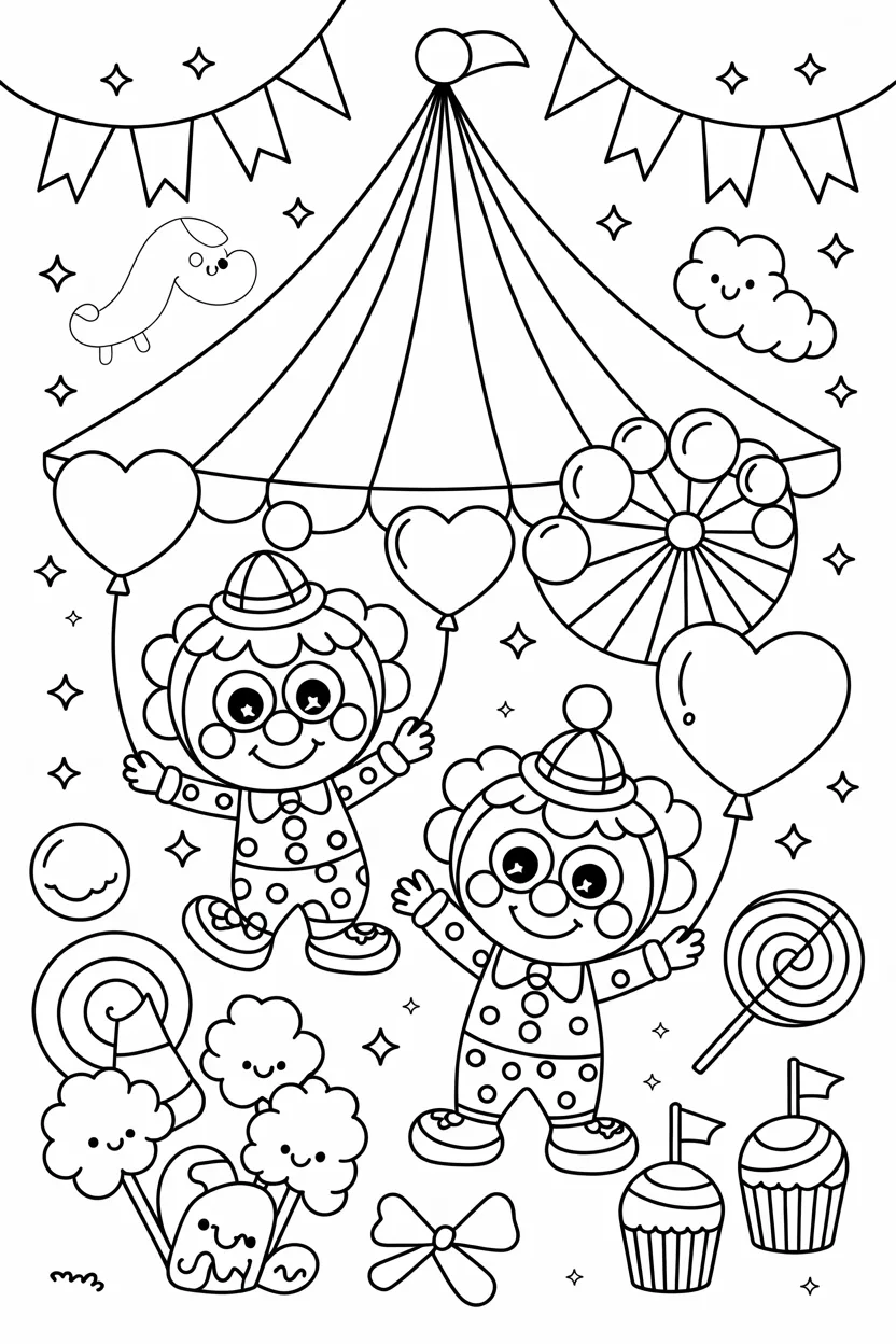 Kawaii circus scene Design 4 - Kawaii Circus Scene Coloring Pages Free Printable - Adorab