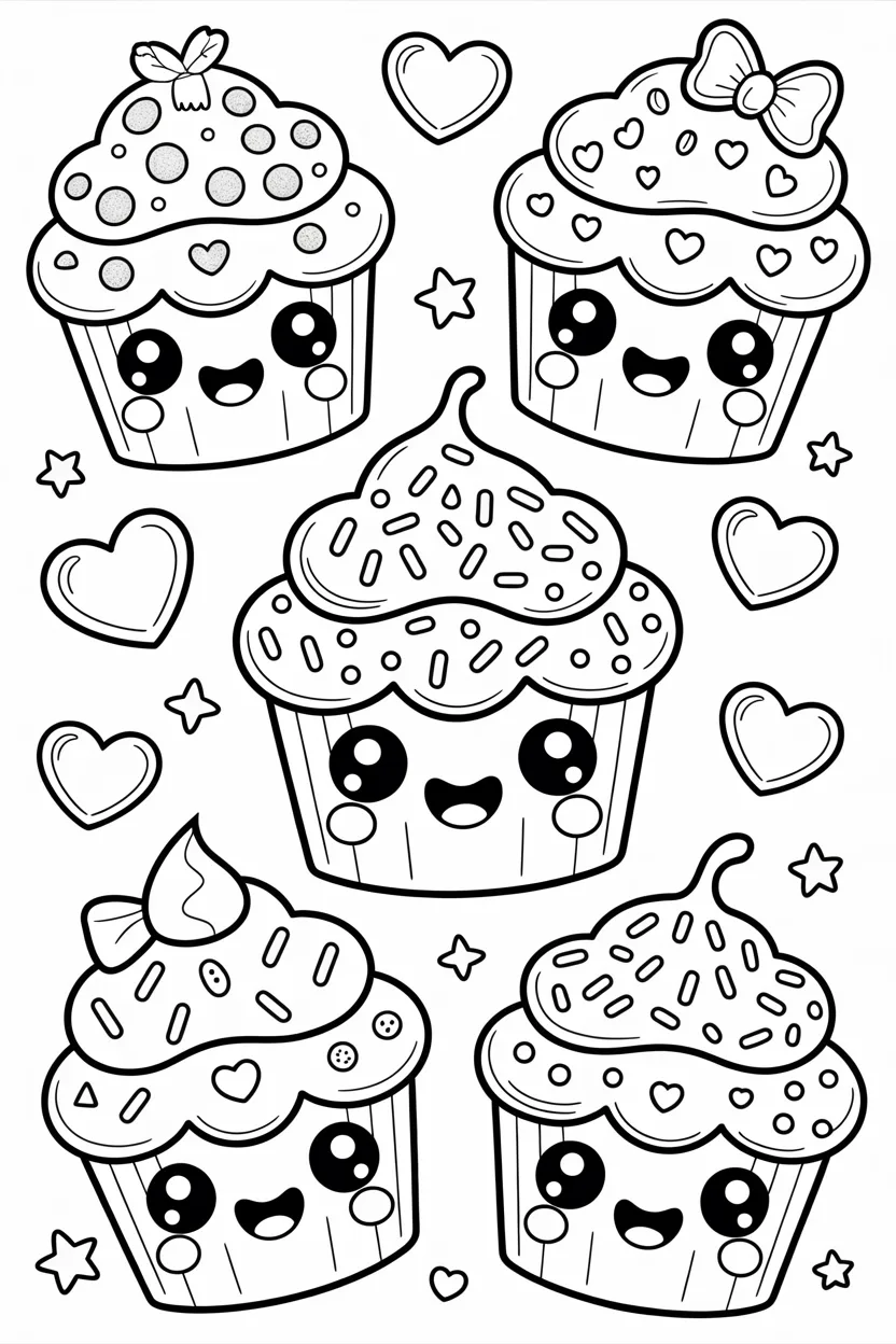 Kawaii cupcakes Design 1 - Kawaii Cupcakes Coloring Pages Free Printable