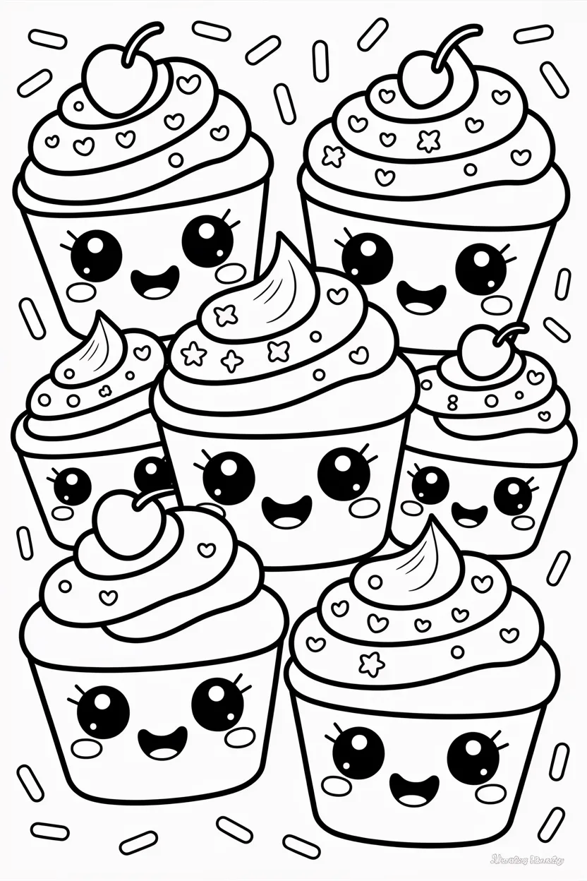 Kawaii cupcakes Design 2 - Kawaii Cupcakes Coloring Pages Free Printable