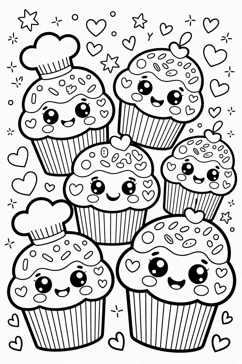 Kawaii cupcakes Design 3 - Kawaii Cupcakes Coloring Pages Free Printable