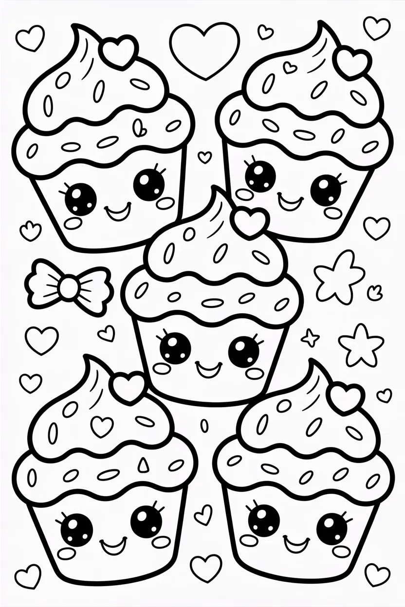 Kawaii cupcakes Design 4 - Kawaii Cupcakes Coloring Pages Free Printable