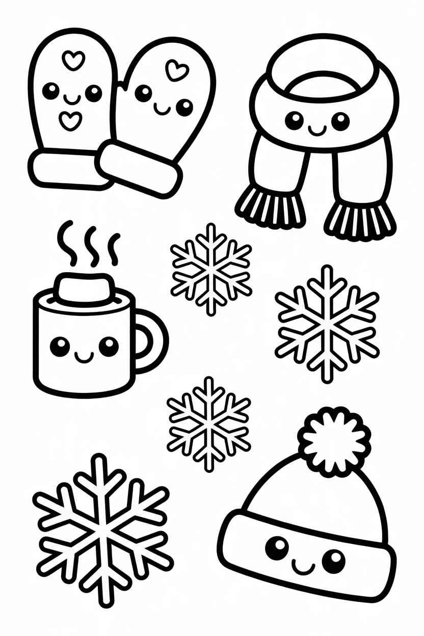 Kawaii winter items Design 1 - Kawaii Winter Items Coloring Pages Free Printable - Adorab