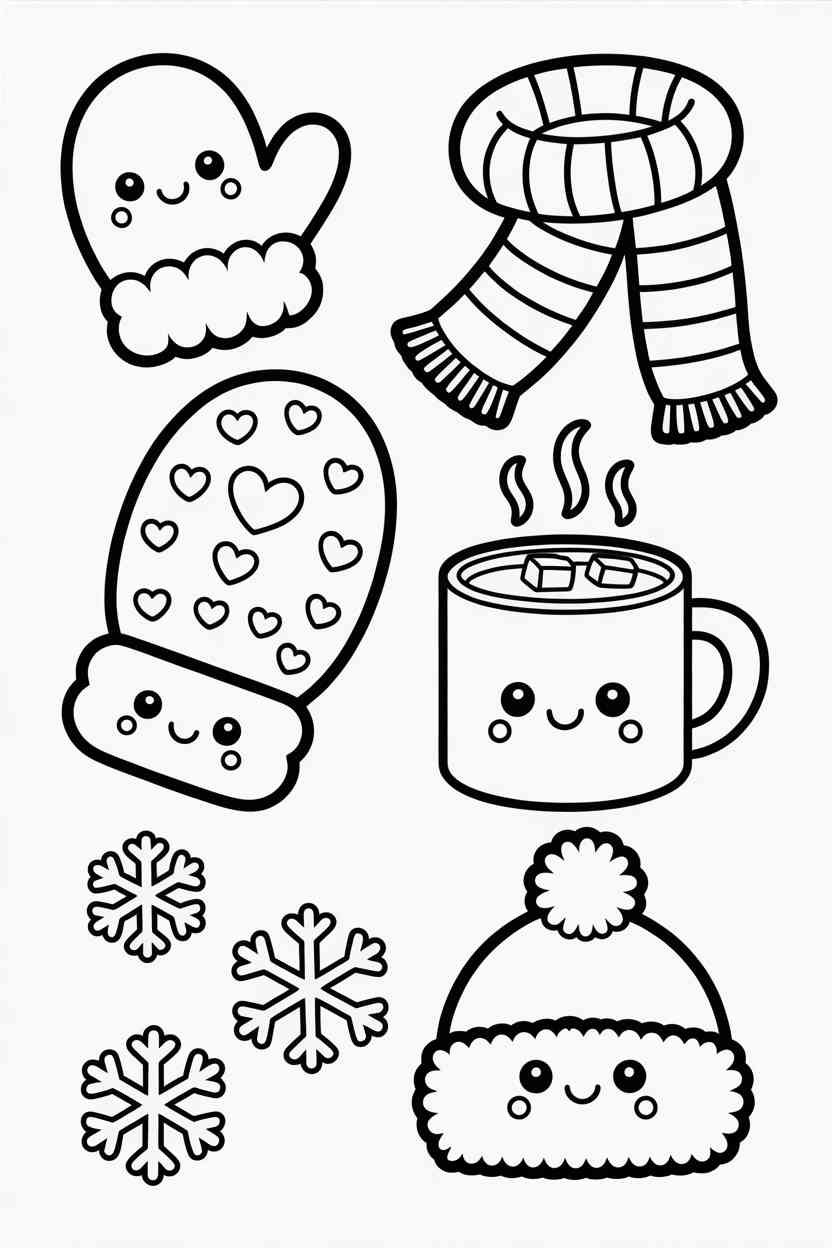 Kawaii winter items Design 1 - Kawaii Winter Items Coloring Pages Free Printable - Adorab (2)