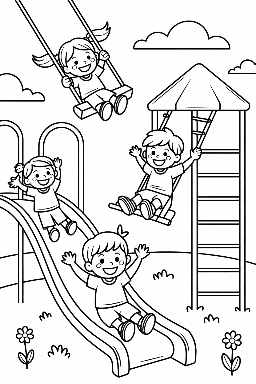 Kids playing scene Design 1 - Kids Playing Scene Coloring Pages Free Printable (2)