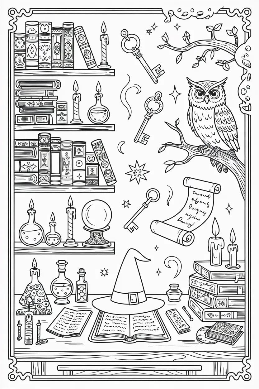 Magical wizard study Design 1 - Magical Wizard Study Coloring Pages Free Printable - Cute