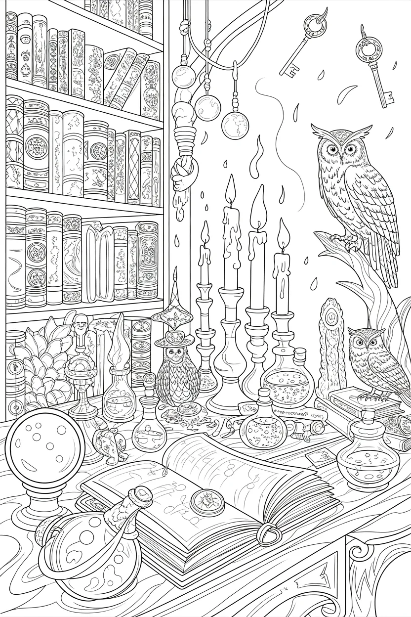 Magical wizard study Design 1 - Magical Wizard Study Coloring Pages Free Printable - Cute (2)