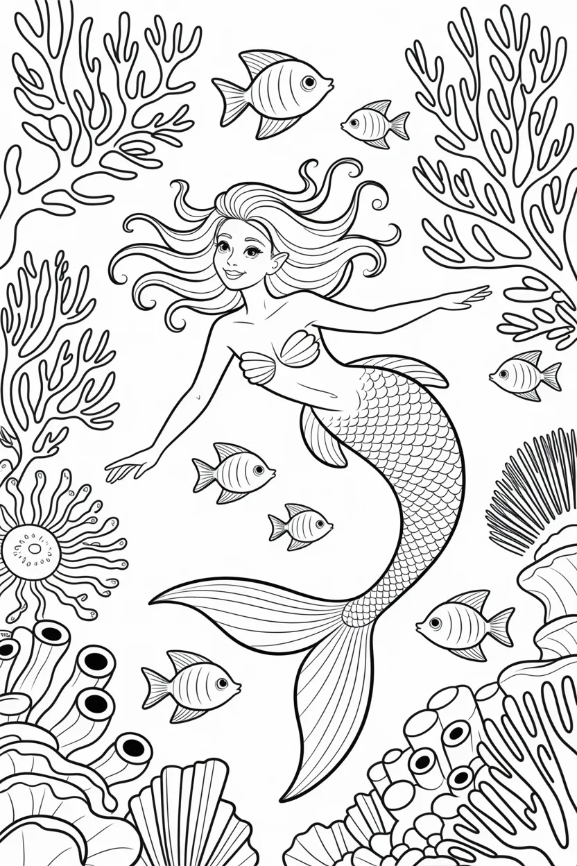 Mermaid Design 2 - Mermaid Coloring Pages Free Printable - Magical