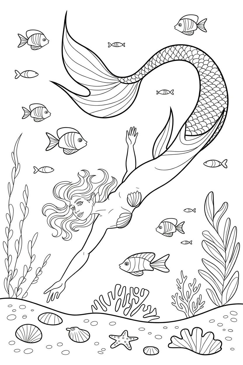 Mermaid Design 3 - Mermaid Coloring Pages Free Printable - Magical