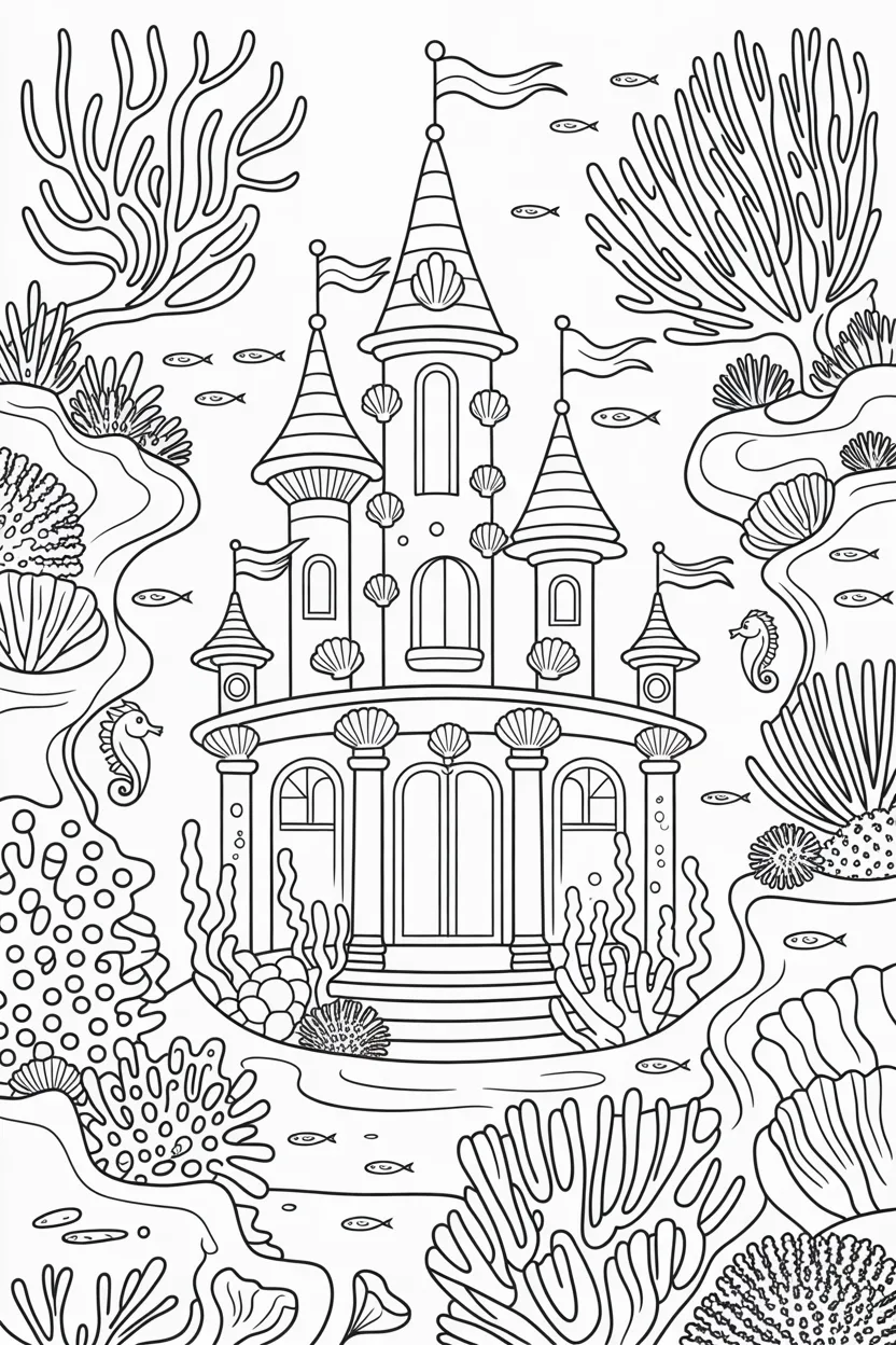 Mermaid palace Design 1 - Mermaid palace coloring pages free printable for Kids