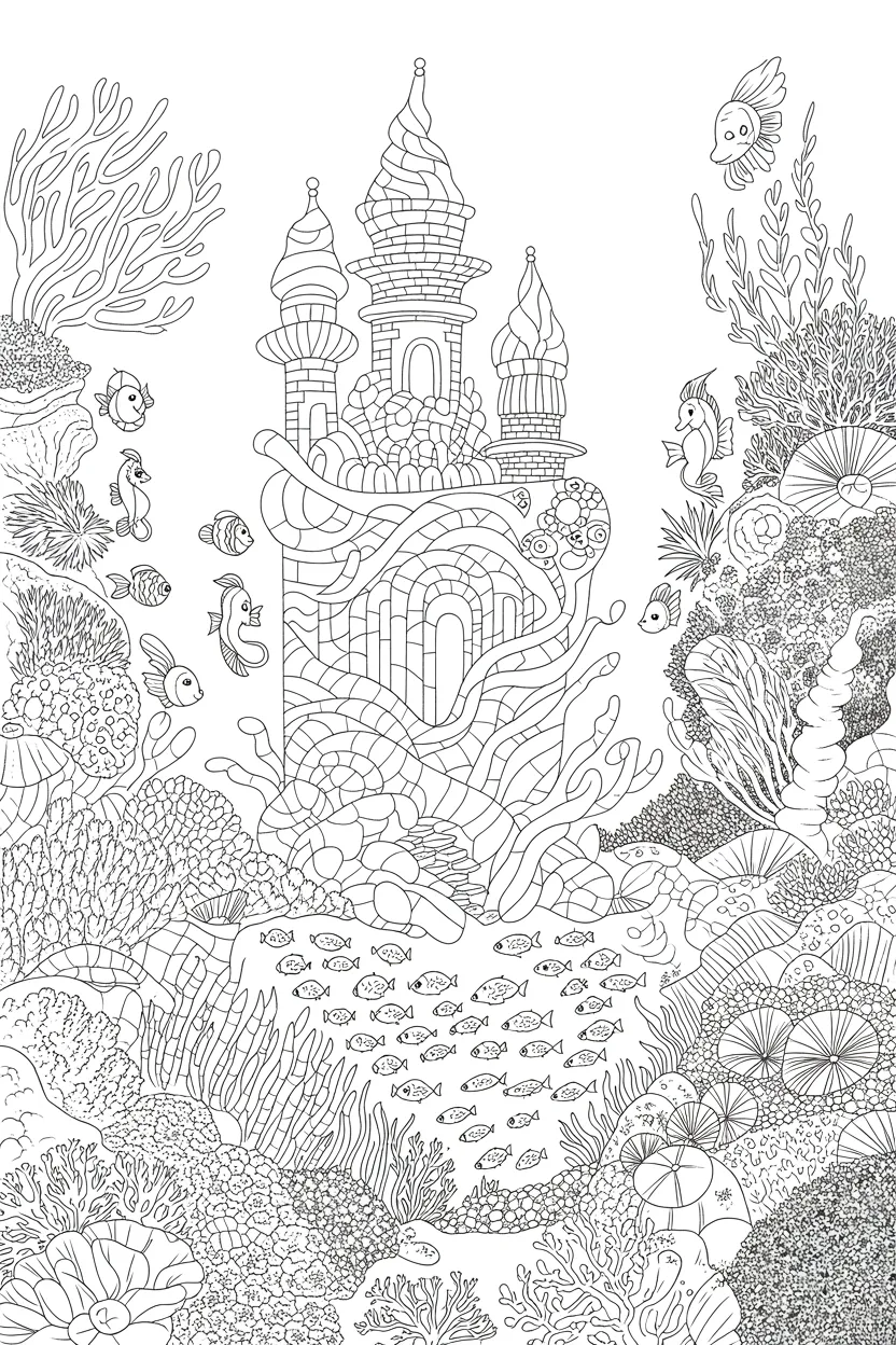 Mermaid palace Design 3 - Mermaid palace coloring pages free printable for Kids
