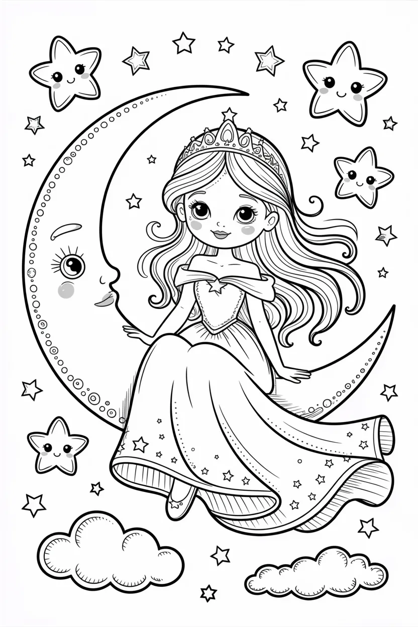 Moon princess Design 1 - Cute Moon Princess Coloring Pages Free Printable for Kids