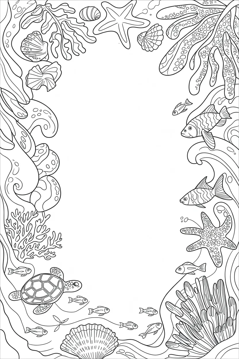 Ocean theme frame Design 3 - Ocean Theme Frame Coloring Pages Free Printable - Beautifu