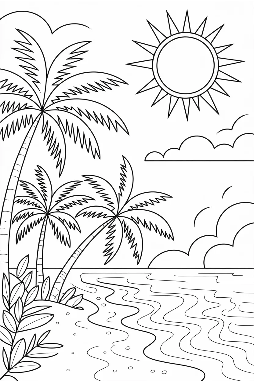 Summar beach scene Design 1 - Summar Beach Scene Coloring Pages Free Printable