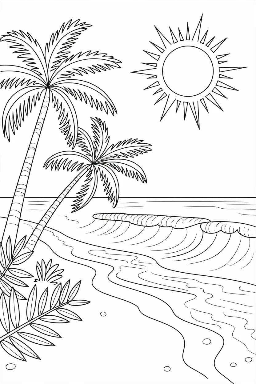 Summar beach scene Design 2 - Summar Beach Scene Coloring Pages Free Printable